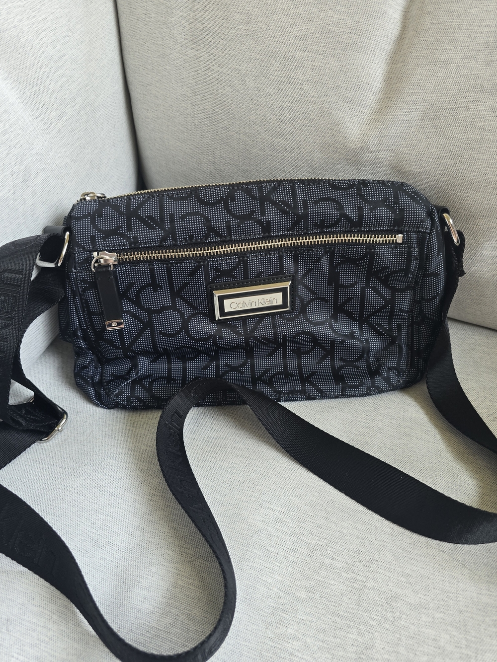 Calvin Klein Black/Blue Monogram Crossbody with Gold Accents